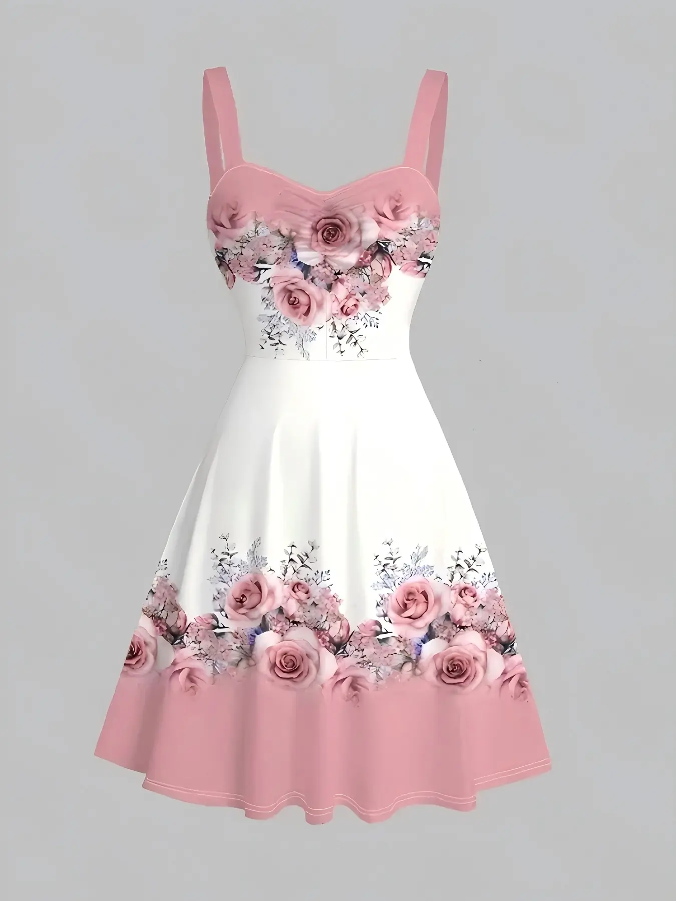 Vacation Dress Color Block Rose Leaf Print Pleated Dress, Stylish Summer, Perfect for Beach & Travel, Elegant Floral Design, Casual Wear