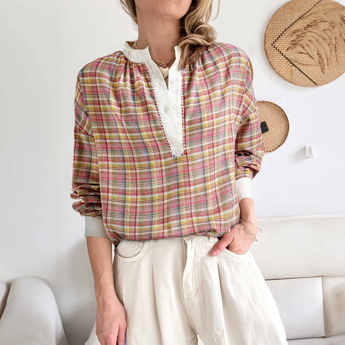 Women's Casual Round Neck Pink Colorblock Plaid Patchwork Henley Top Blouse, Shirts, Cotton, Lady, Button, Cotton Blend, Patchwork Cut