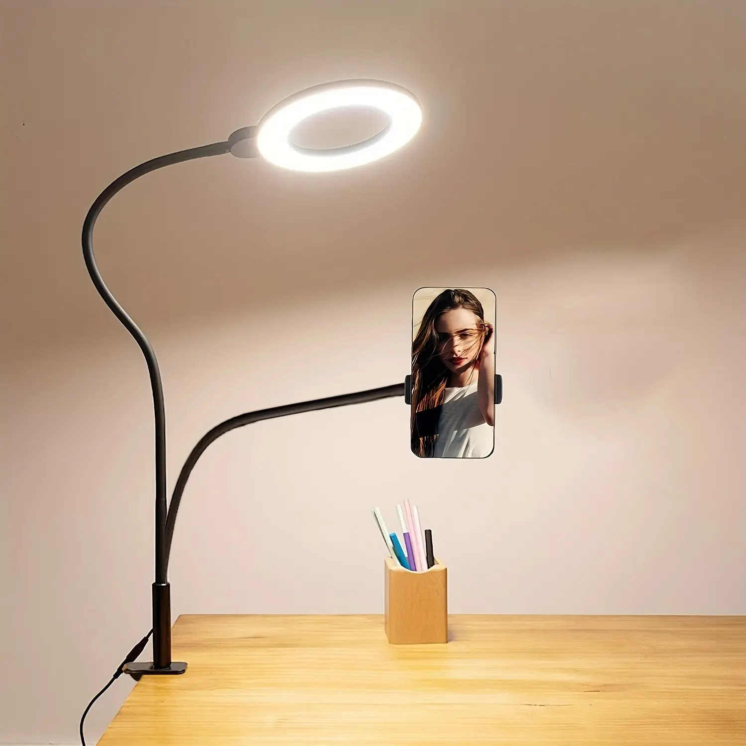 2-in-1 Clip-On Selfie Ring Light with Flexible Gooseneck Metal Phone Holder, Cable-Included Handy Accessory for Live Streaming, Makeup, Filming Setup, Perfect Angle & Photogenic Selfie Accessories for Mobile Phones