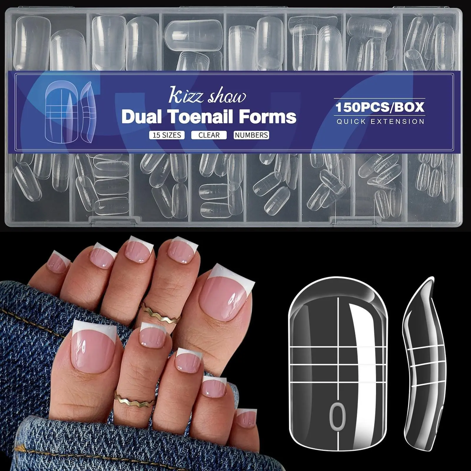 150/160 Pcs Toe Nail Forms for Poly Extension Gel, Toenail Dual Forms Reusable Full Cover Molds for Poly Gel French Tip Acrylic Toenails Pedicure for Salon & DIY at Home Nail Extension Tools 15/16Sizes