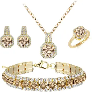 4pcs Cubic Zirconia Wedding Jewelry Sets  Bride Bridesmaid Cubic Zirconia Pendant Necklace Earrings Link Tennis Bracelet Open Ring Set  Women