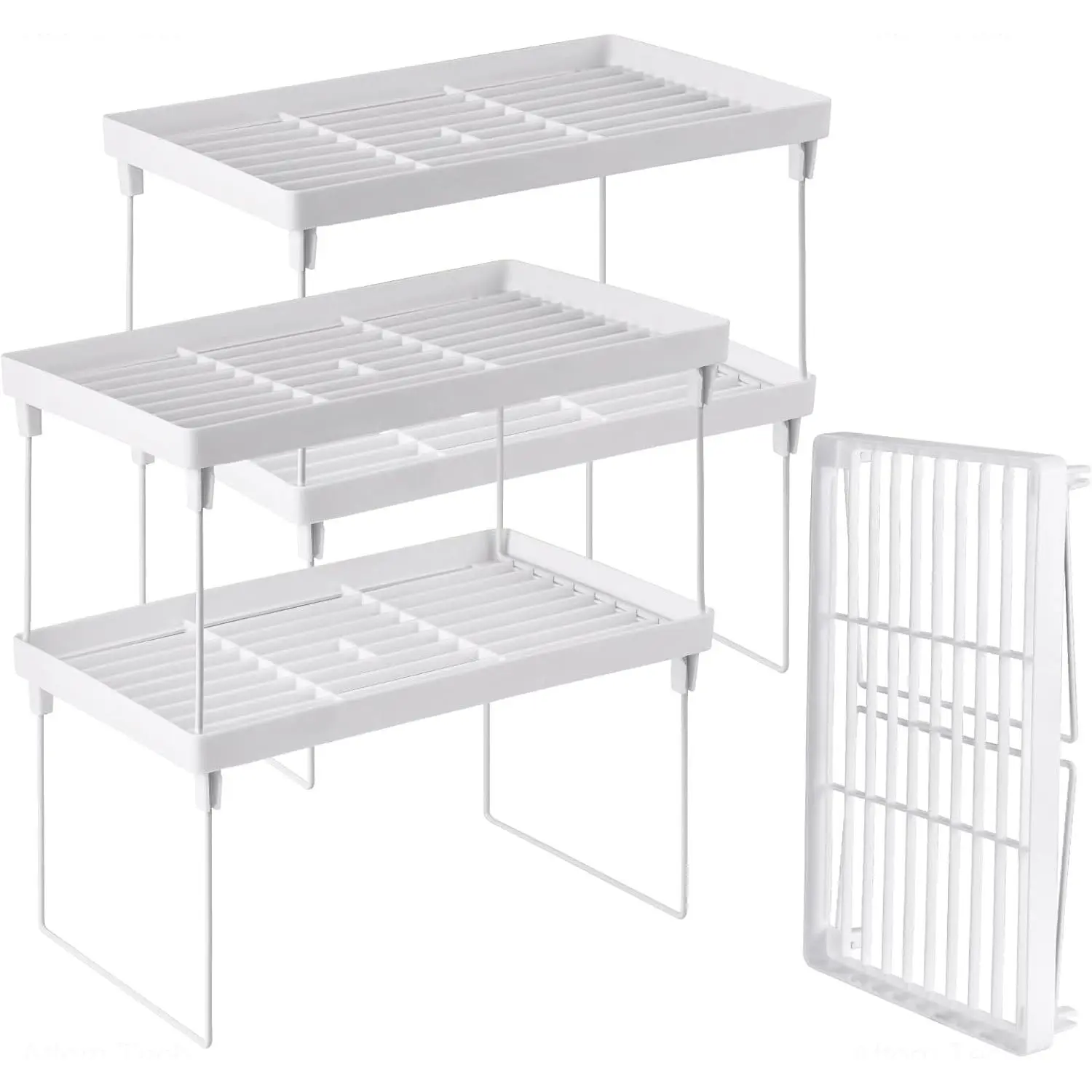 4-Pack Stackable Plastic Kitchen Storage Shelf Foldable Rack - White Kitchen Cabinet Organizer and Storage Shelves Stackable Expandable Storage Racks for Counter Cabinet Pantry