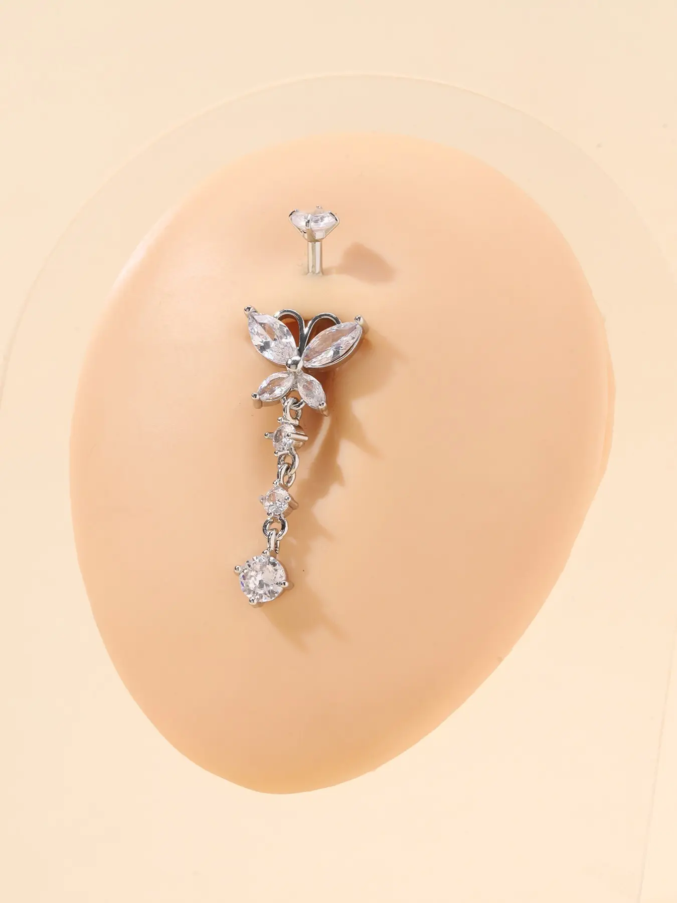 Silver Color Butterfly Zircon Dangle Navel Ring, Long Chain Navel Piercing, Shiny Zircon Women's Body Jewelry, Sexy Style, All Seasons