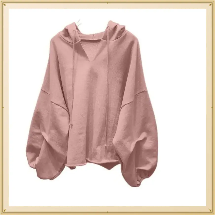 Women's Pink V-Neck Drawstring Hoodie Loose Fit Soft Knit Pullover Casual Long Sleeve Sweatshirt for Early Autumn Unique Design Oversized Chic Everyday Style Tops