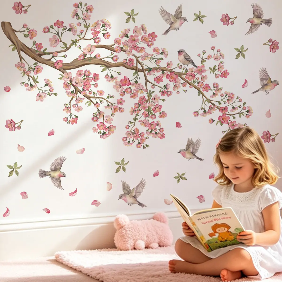 2Pcs Set (30*90cm) Watercolor Cherry Blossom Branch Wall Stickers, Decorative Stickers, Flying Birds & Falling Petals Decals for Bedroom Wall Decor