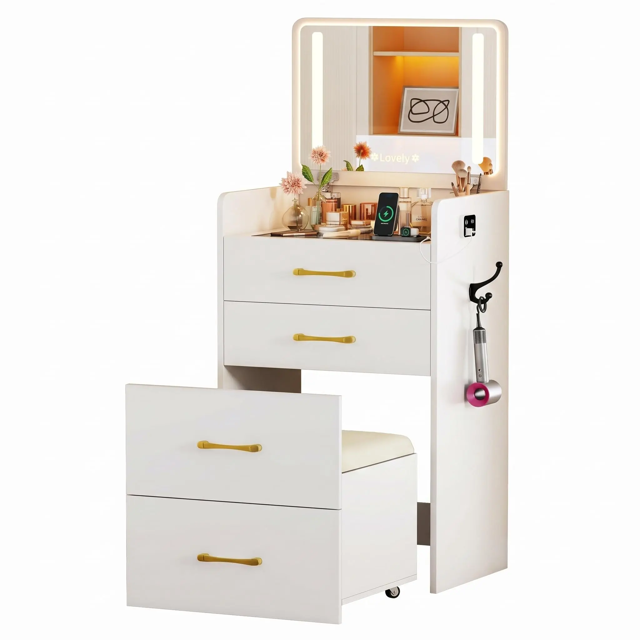 Makeup Vanity Desk with LED Mirror & Lights – 3 Drawers, USB Charging Station & Hidden Rolling Stool