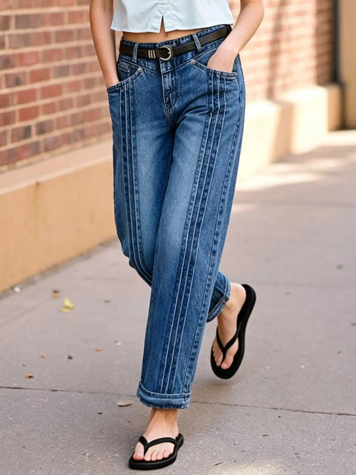 Women's High-Waisted Jeans with Vertical Seam, Minimalist Vintage Denim with a Loose Straight Leg Fit, Cropped Roll Cuff with Pockets for Everyday Wear, Bottom, Comfortable, Retro, Exposed Seams, Trouser, Lady, Basic, Casual, Pants, Mid Waist