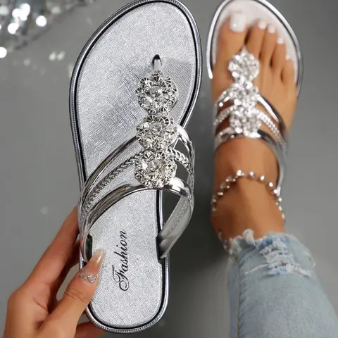 Women's Summer Casual Rhinestone Flip Flops, Dressy Flat Sandals, Comfortable Slippers, Elegant PU Leather Party Shoes, Versatile Footwear, Fashionable Glitter Decorated Sandals, Crystal Slides, Sparkling Crystal Sandals