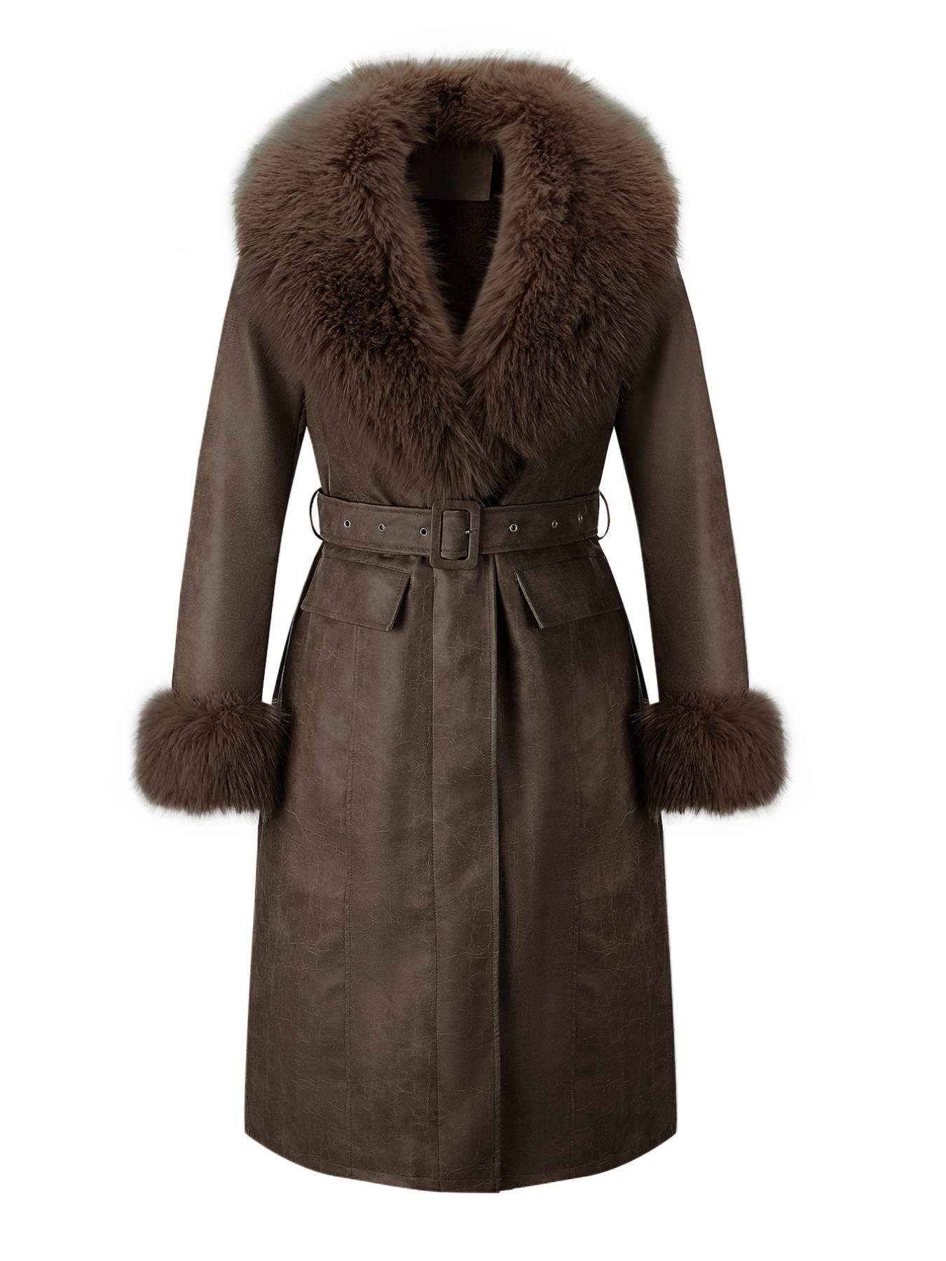 Women's Fall Winter Long Faux Fur Coat, Vintage Style Casual Cotton Woven Jacket with Large Collar and Belt, Elegant Plain Design