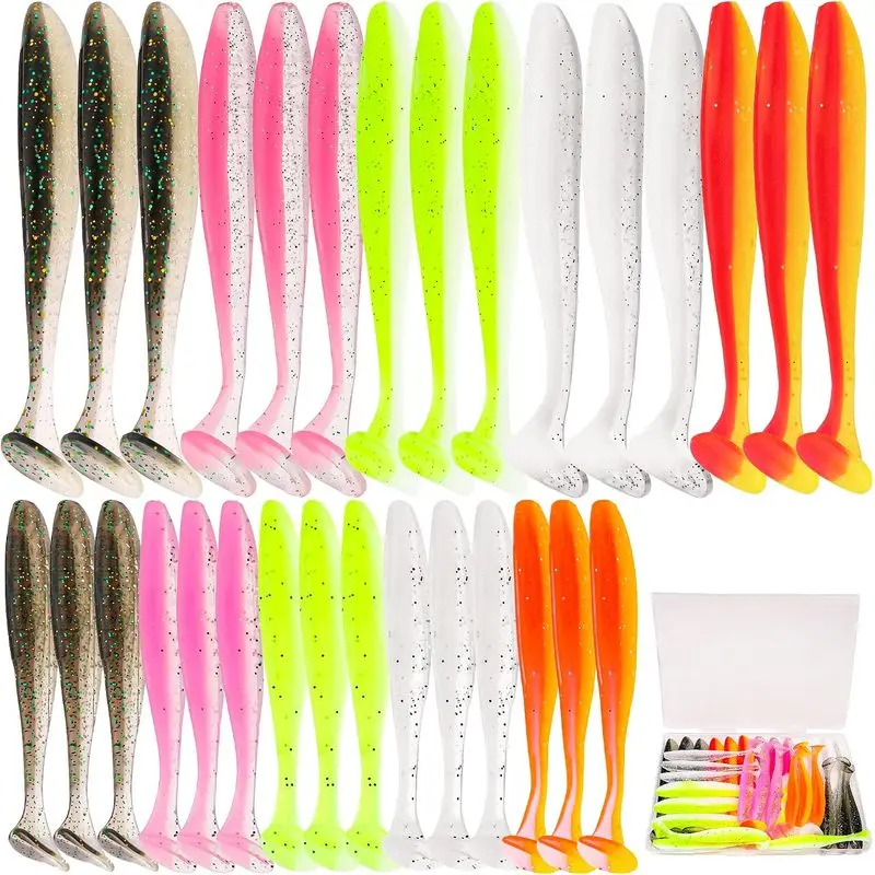 30 PCS Multi-Size Soft Plastic Paddle Tail Swimbaits Kit with Box, 3.5in & 4.7in Soft Fishing Lures, Freshwater & Saltwater Tackle for Bass, Crappie