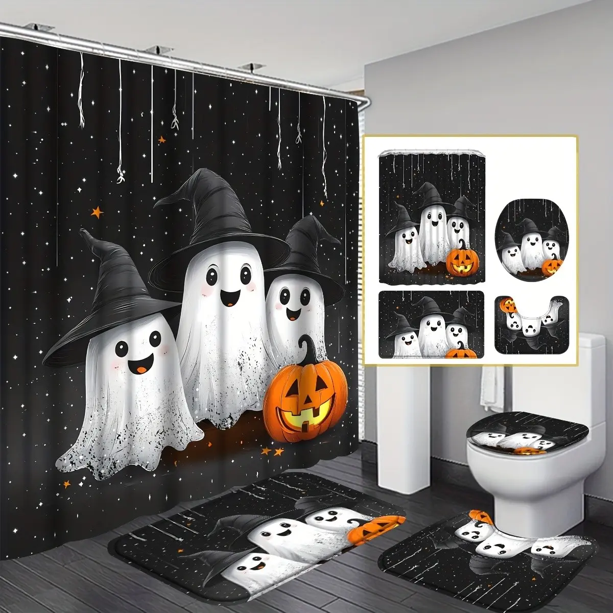 4pcs Halloween Themed Shower Curtain Set, Ghost, Pumpkin and Flower Patterns Shower Curtain Bathroom Sets Full Set, Including 12 Hooks, Non-slip Bath Mat, Toilet Seat Cover and U-shaped Rug, Complete Modern Halloween Bathroom Decor and Accessories