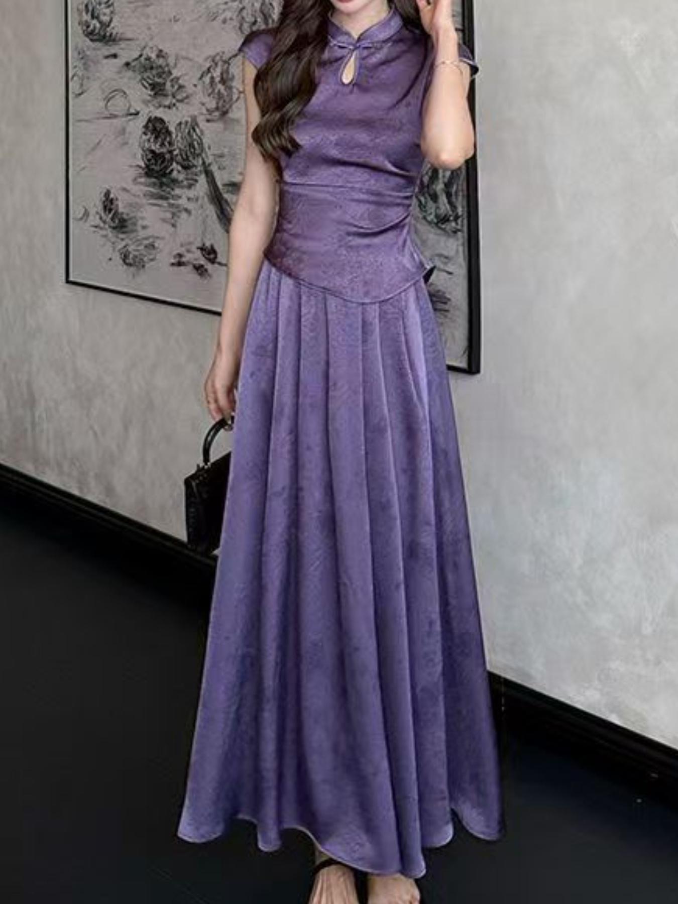 SYHAN 2026 Latest Summer Women's Purple Modified Cheongsam Collar Top and Skirt Two-Piece Set- Elegant Daily Casual Suit with New Chinese Style Design