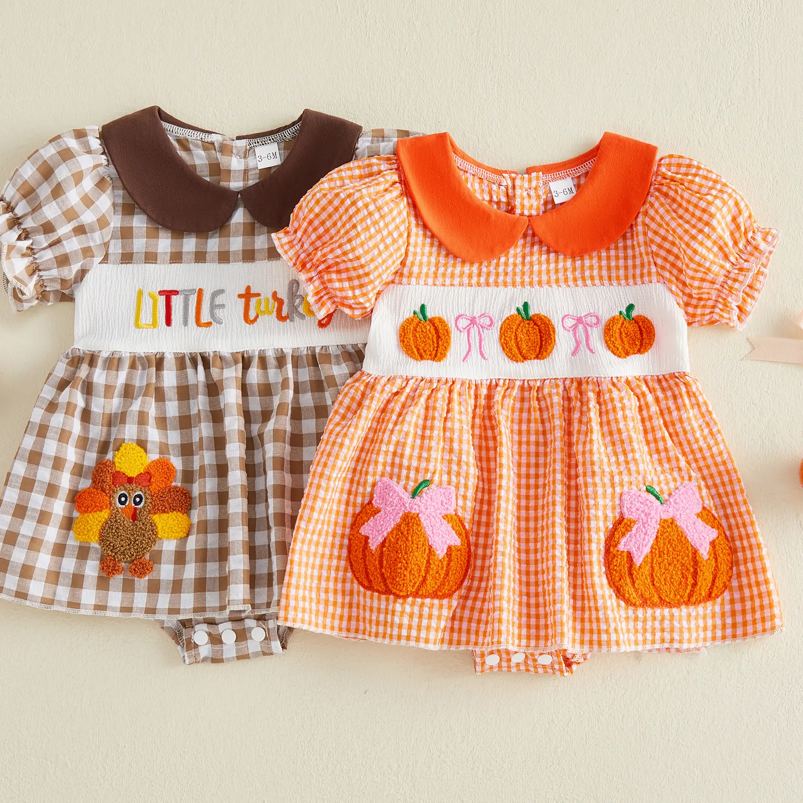 Babamoon Newborn Infant Baby Girl Halloween Thanksgiving Romper Dress Plaid Print Turkey Embroidery Short Sleeve Doll Collar Jumpsuit Bodysuit