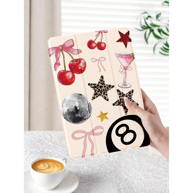 Leopard Print & Cherry Bow Pattern Tablet Case for IPad 10.2-Inch, IPad Pro 2021/2020, IPad 9th/10th Gen, Galaxy Tab A8 10.5-Inch 2022, Matepad 10.4/Tab, Mi Pad, Anti-Drop, Pen Slot, Sleep/Wake Function, PU Leather, Multicolor