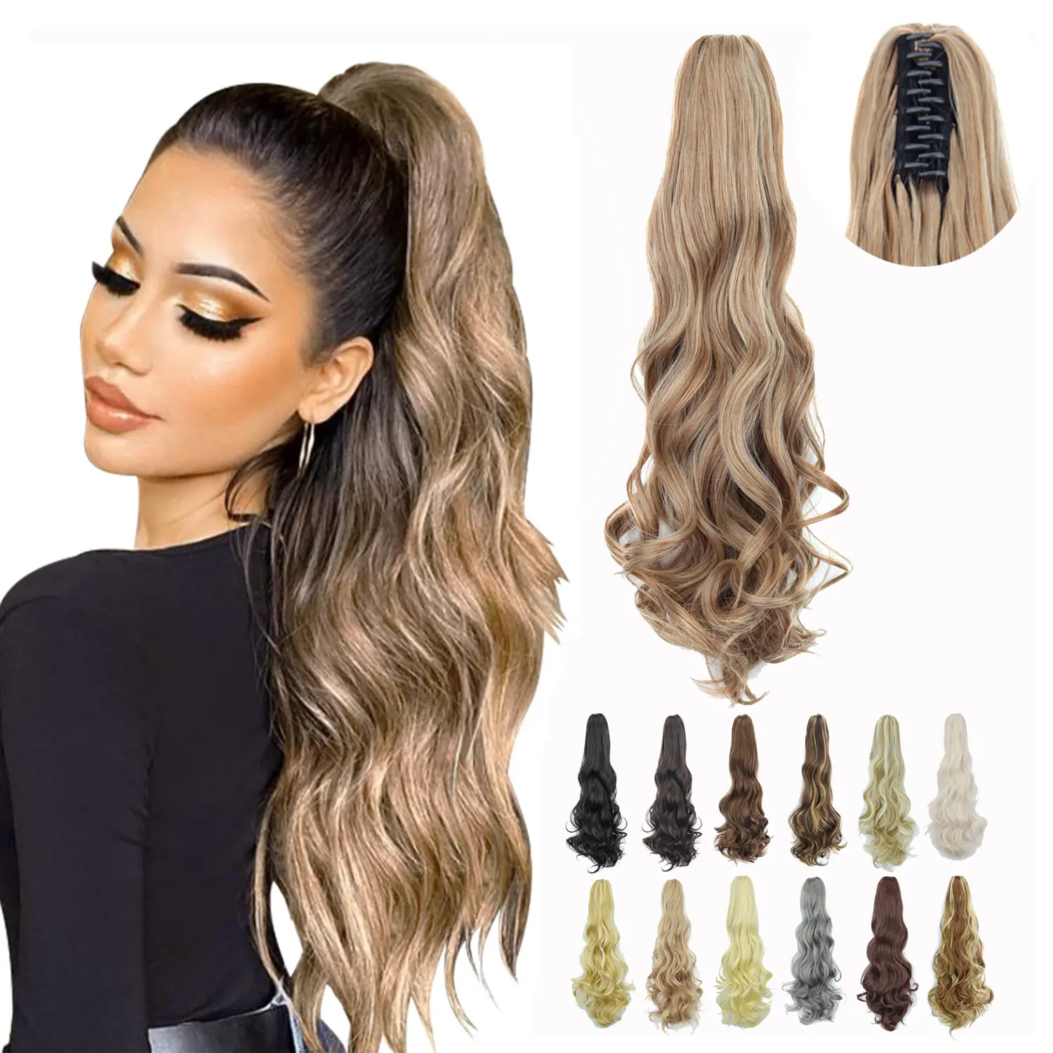 24-inch wig ponytail with large waves, long curly hair, claw clip, synthetic fiber high ponytail