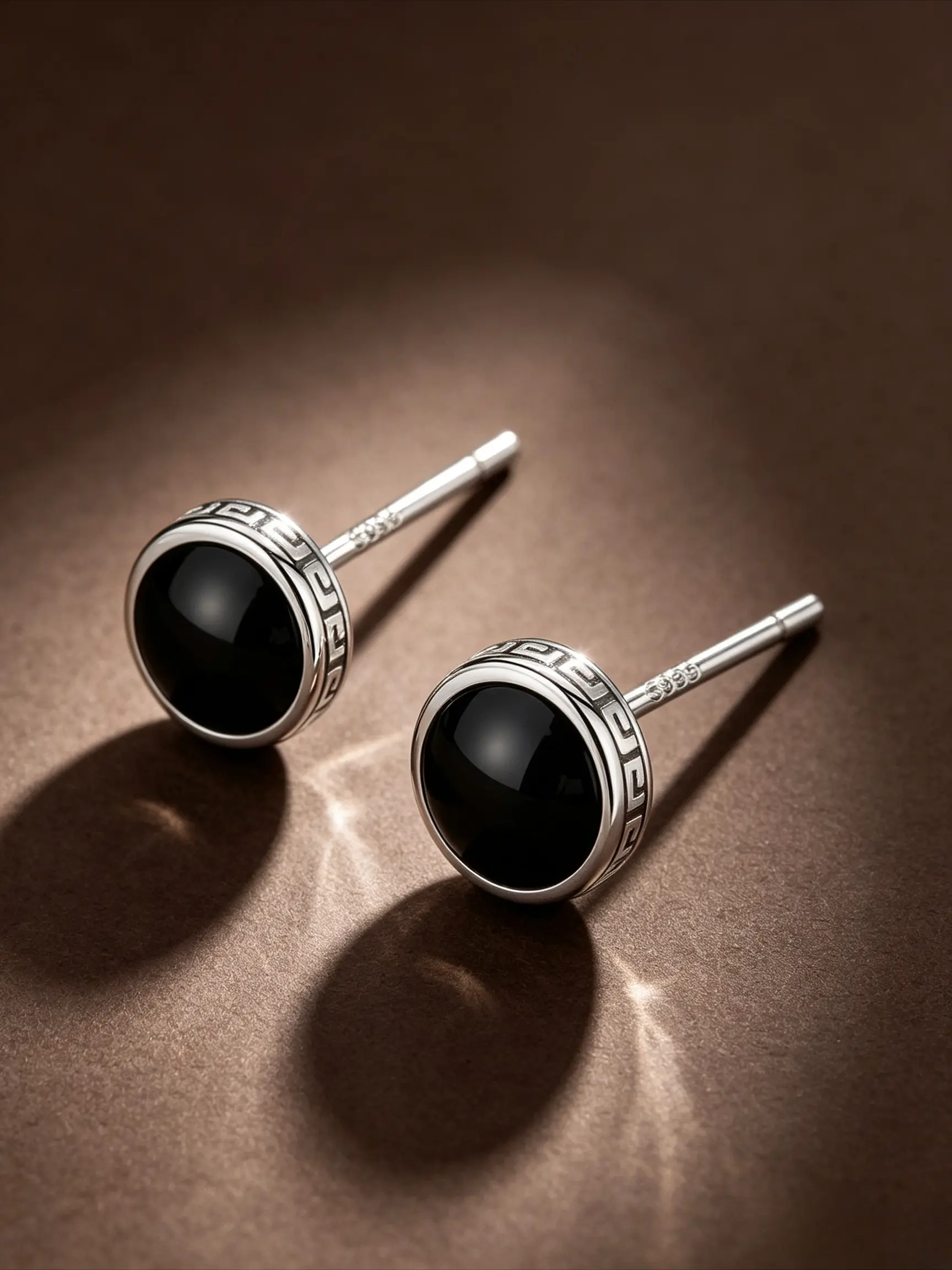 Round Flat Black Onyx Great Wall Carved Stud Earrings, 925 Sterling Silver Thin Pin Hypoallergenic Piercing Earrings, Anti-Tarnish Minimal Chinese Vintage Unisex Small Ear Studs Jewelry Gift For Men Women