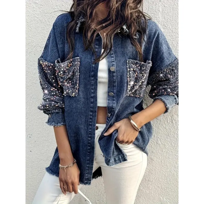 Turn- Collar Contrast Sequin Long Sleeve Fringe Hem Denim Jacket Casual Coat 2025Autumn and winter fashion clothing