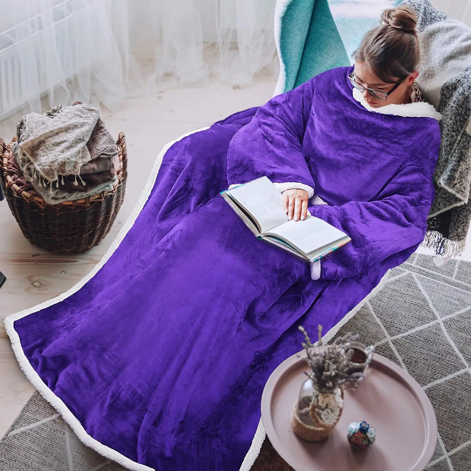 Sherpa Wearable Blanket With Sleeves, Full  Throw Reading Wrap TV Blankets