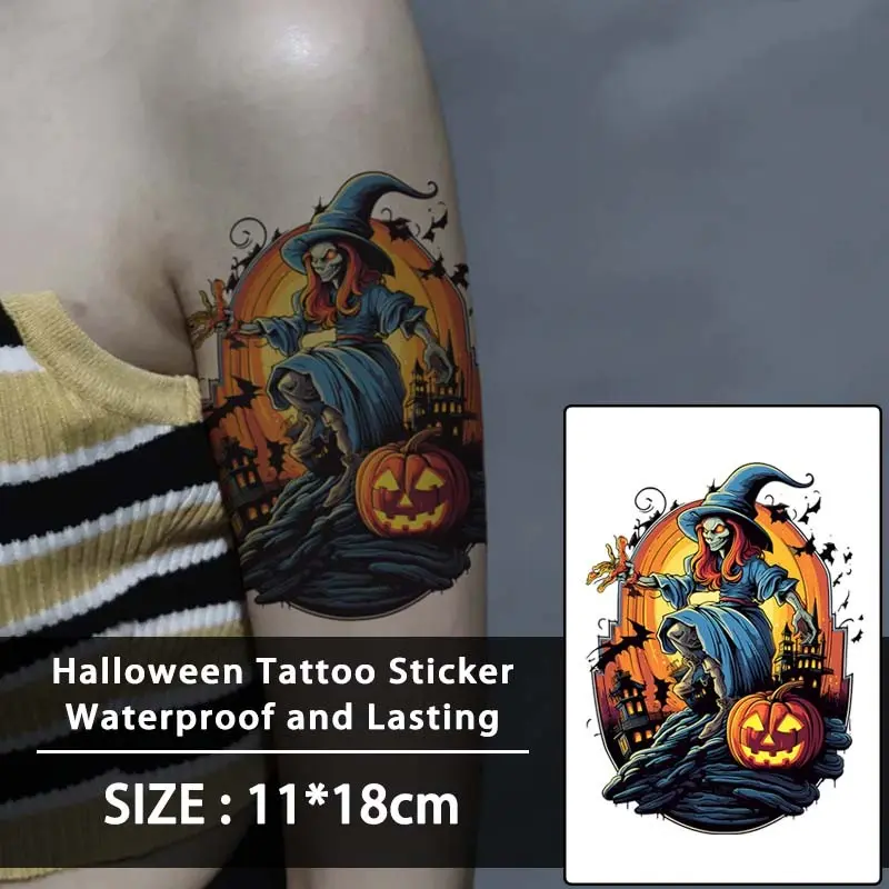 Halloween Pumpkin Skull Wizard Castle Bat Colorful Cartoon Party Temporary Tattoo Stickers, Waterproof, Reusable, for Face, Arms, Legs, Chest, Neck, Back