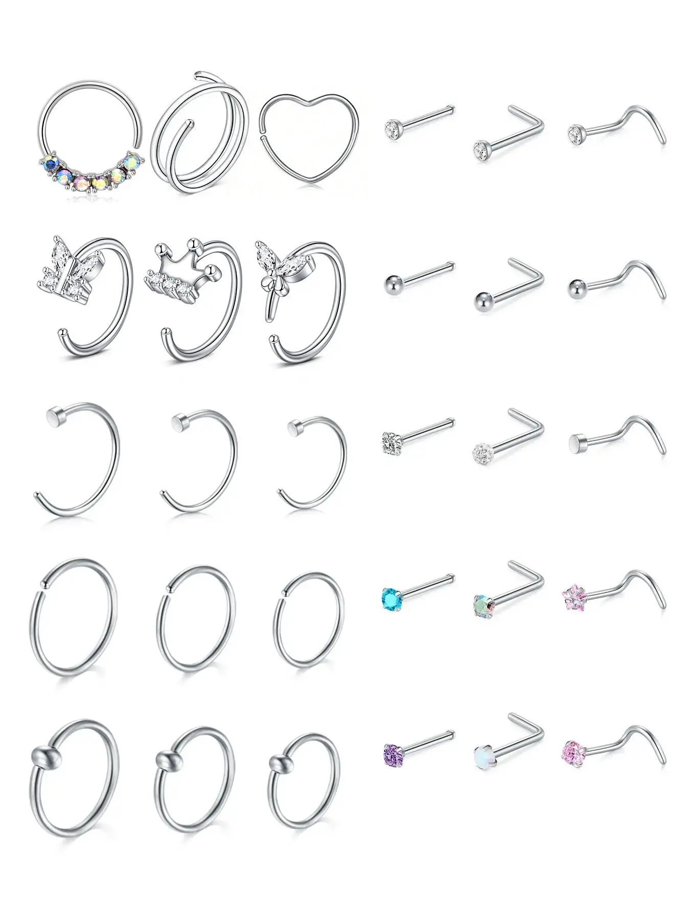 316L Surgical Steel Nose Piercing Jewelry Set, Assorted Decorative & Plain Seamless Nose Hoops + Multi Color CZ Curved Nose Studs, Hypoallergenic Reusable Nostril Septum Helix Cartilage Ear Piercing Combo, Nose Rings Studs