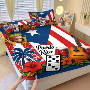Puerto Rico Palm Hibiscus Tropical Flower Fitted Sheet Set, 1 Fitted Sheet + 2 Pillowcases - 3 Piece, Soft Microfiber Deep Pocket Design, Fresh Vacation Island Style Bedroom Decoration, Gift for Puerto Rico Natives & Culture Lovers