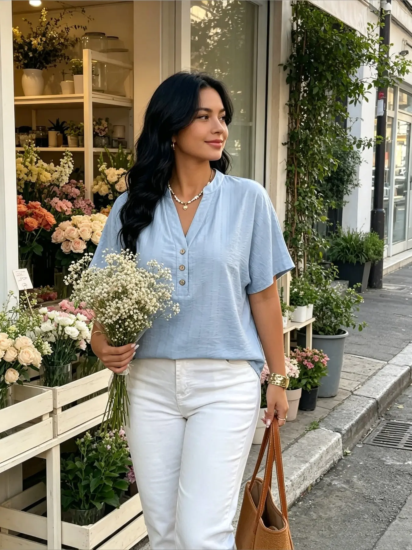 New Arrival 2026 Women's Light Blue Stand Collar V-shaped Half Placket Shirt, Half-buttoned Textured Fabric Loose Short Sleeve Casual Minimalist Blouse