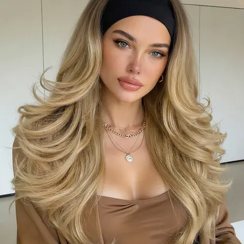 Ombre Blonde Body Wavy Headband Wig, 22 Inch Body Wave Wig for Women, Synthetic Wear and Go Glueless Dark Roots, Soft Lightweight Natural Looking Easy Wear, Headband Style Wig