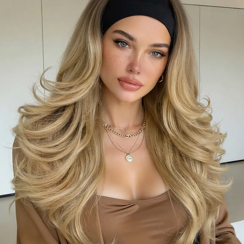 Ombre Blonde Body Wavy Headband Wig, 22 Inch Body Wave Wig for Women, Synthetic Wear and Go Glueless Dark Roots, Soft Lightweight Natural Looking Easy Wear, Headband Style Wig