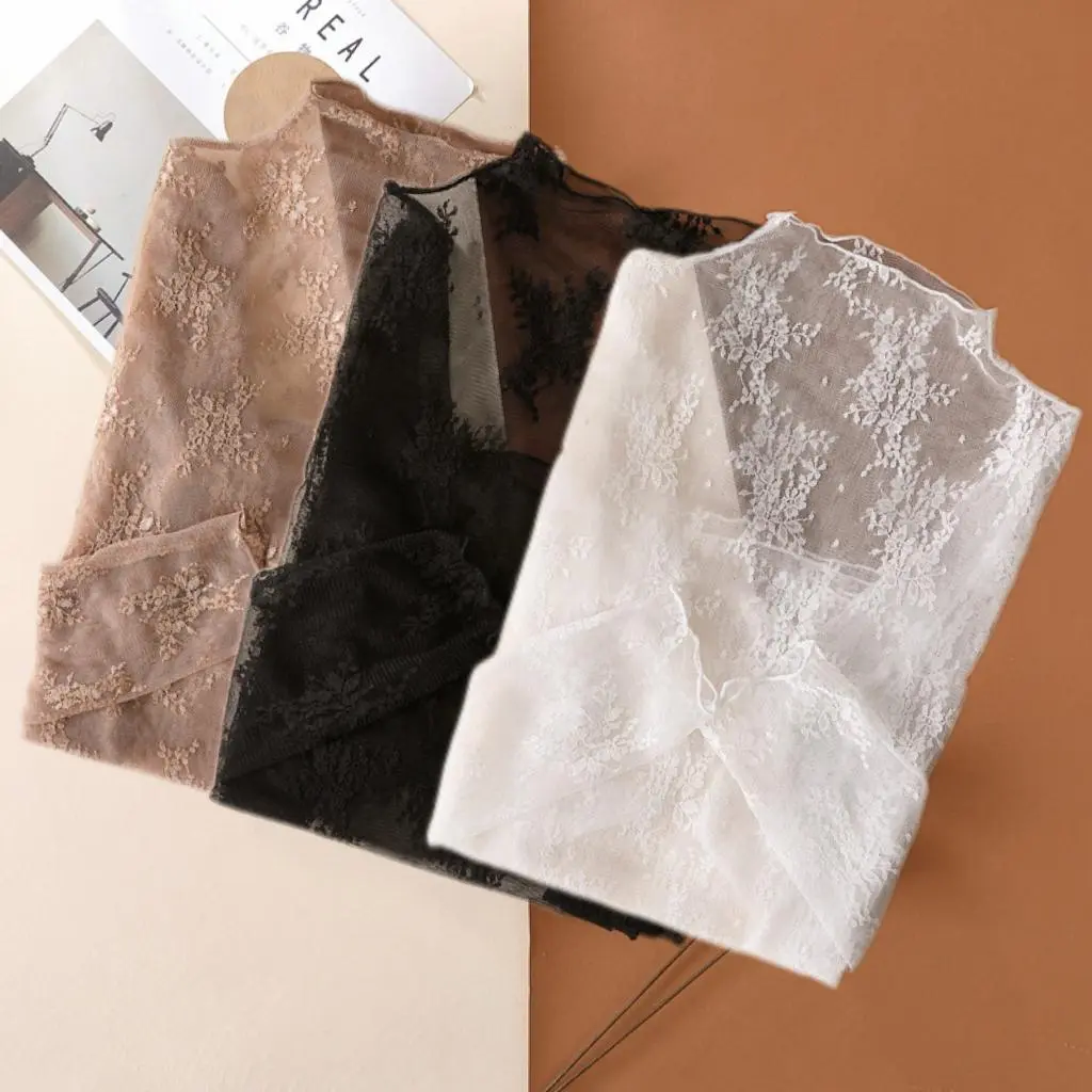 Women's 3-Pcs Lace Base Layer Shirts - Chic Slim Fit, Semi-Transparent Floral/Plain Fabric, High-Elasticity, Soft, Breathable for Year-Round Wear