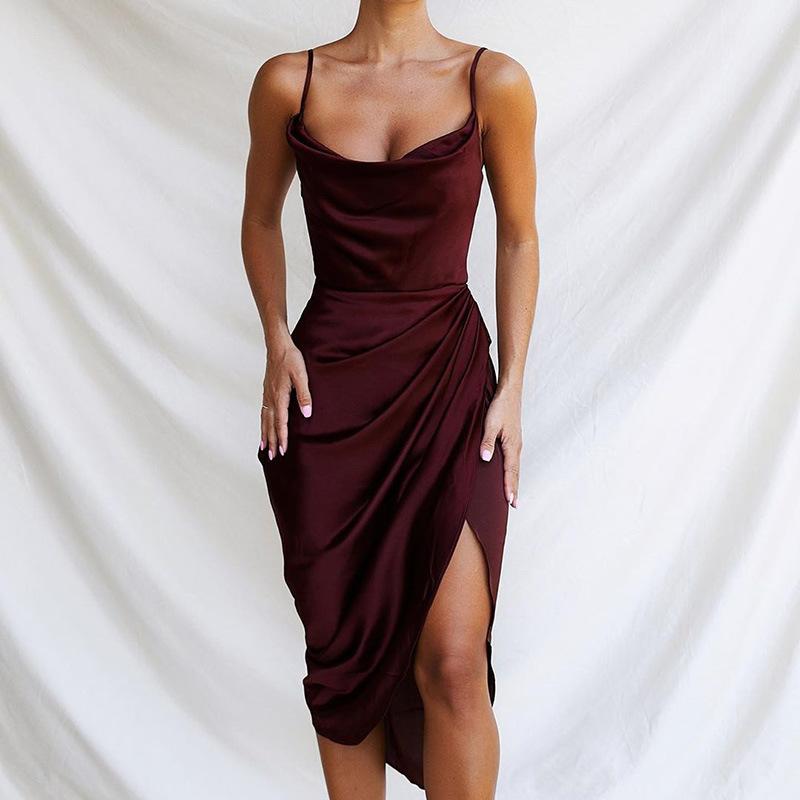 Satin Cowl Neck Midi Dress, Spaghetti Strap Ruched Bodycon Slit Dress, Elegant Cocktail Party Wedding Guest Dress for Women, Y2K Fashion Streetwear
