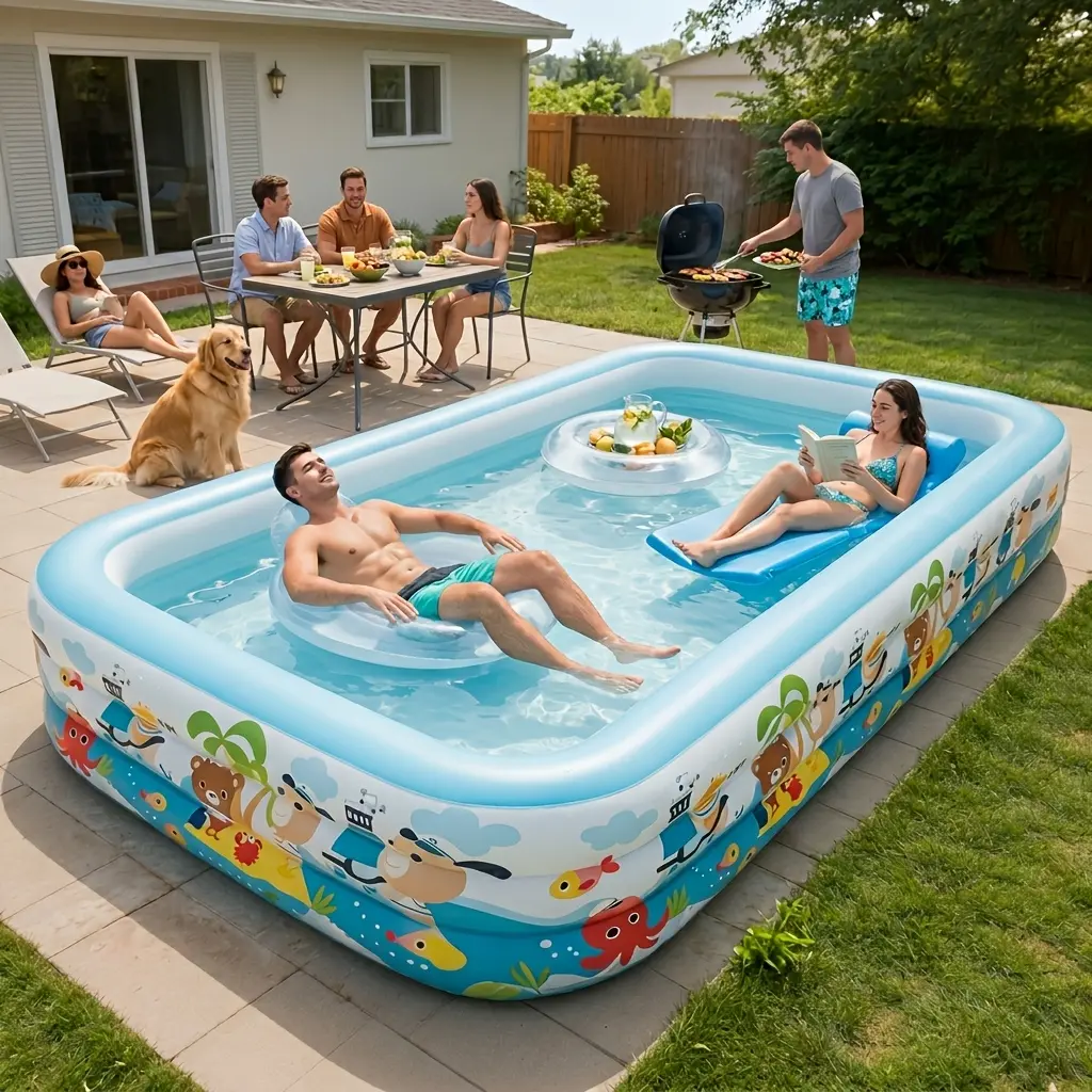 Extra Large Rectangular Thickened PVC Family Inflatable Swimming Pool, Perfect for Summer Outdoor Parties And Water Fun. Easy to Set Up, Wear-resistant And Leak-proof. Ideal for Gardens And Backyards, A Must-have for Summer Cooling And Heat Relief.