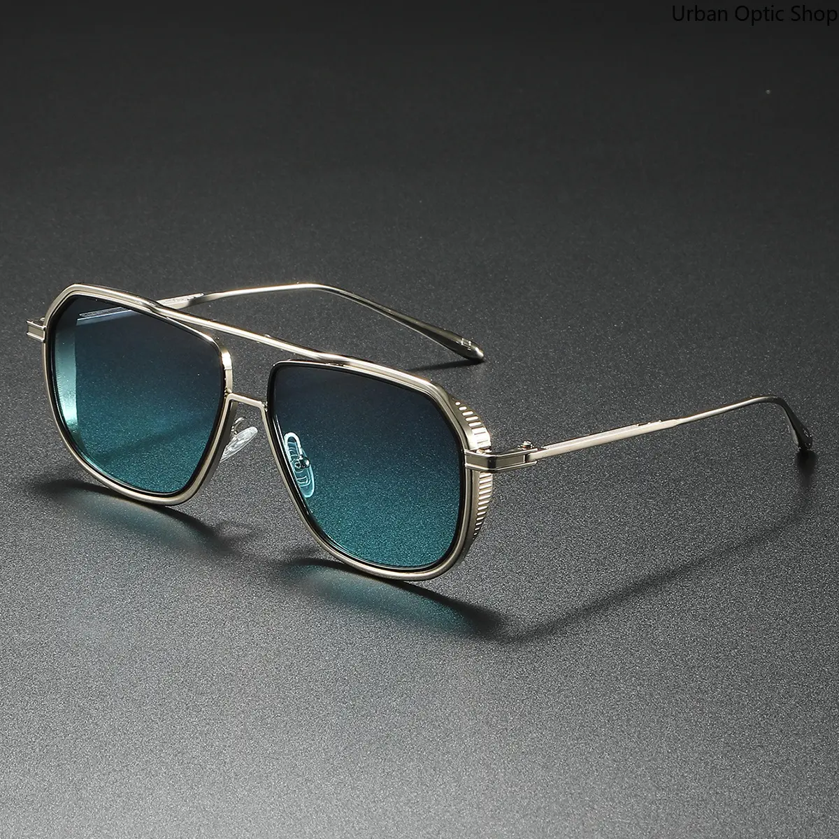 XUH Unisex Retro Geometric Aviator Sunglasses - Single Pair, Gold Metal Frame, Gradient Teal Tinted Gradient Lenses, Textured Temples, Nylon TR90 Eyewear for Driving & Daily Wear, All Seasons, Classic Fashion Eyewear, Geometric-Pattern
