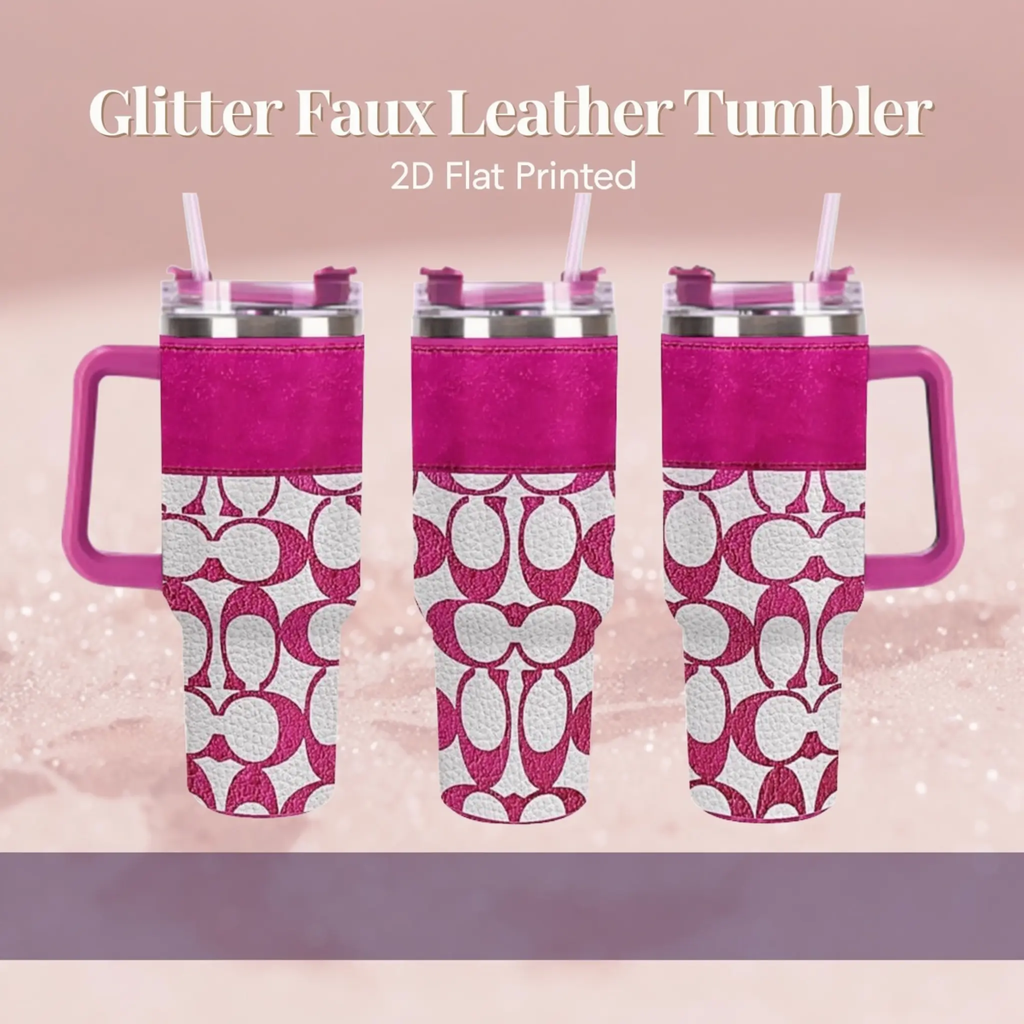 40oz Tumbler with Handle, Hot Pink Faux Leather Stitching Texture Pattern Travel Mug, 2D Flat Printed Stainless Steel Insulated Cup, Gift for Women