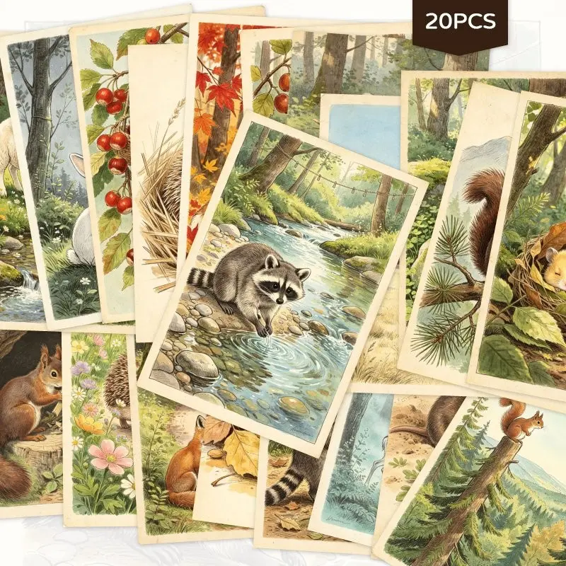 20 Pcs Vintage Forest Animal Blank Art Postcards, Watercolor Woodland Raccoon & Squirrel Scenery Postcard Set, Multipurpose Stationery For Mailing, Wall Decoration And Party Thank You Cards
