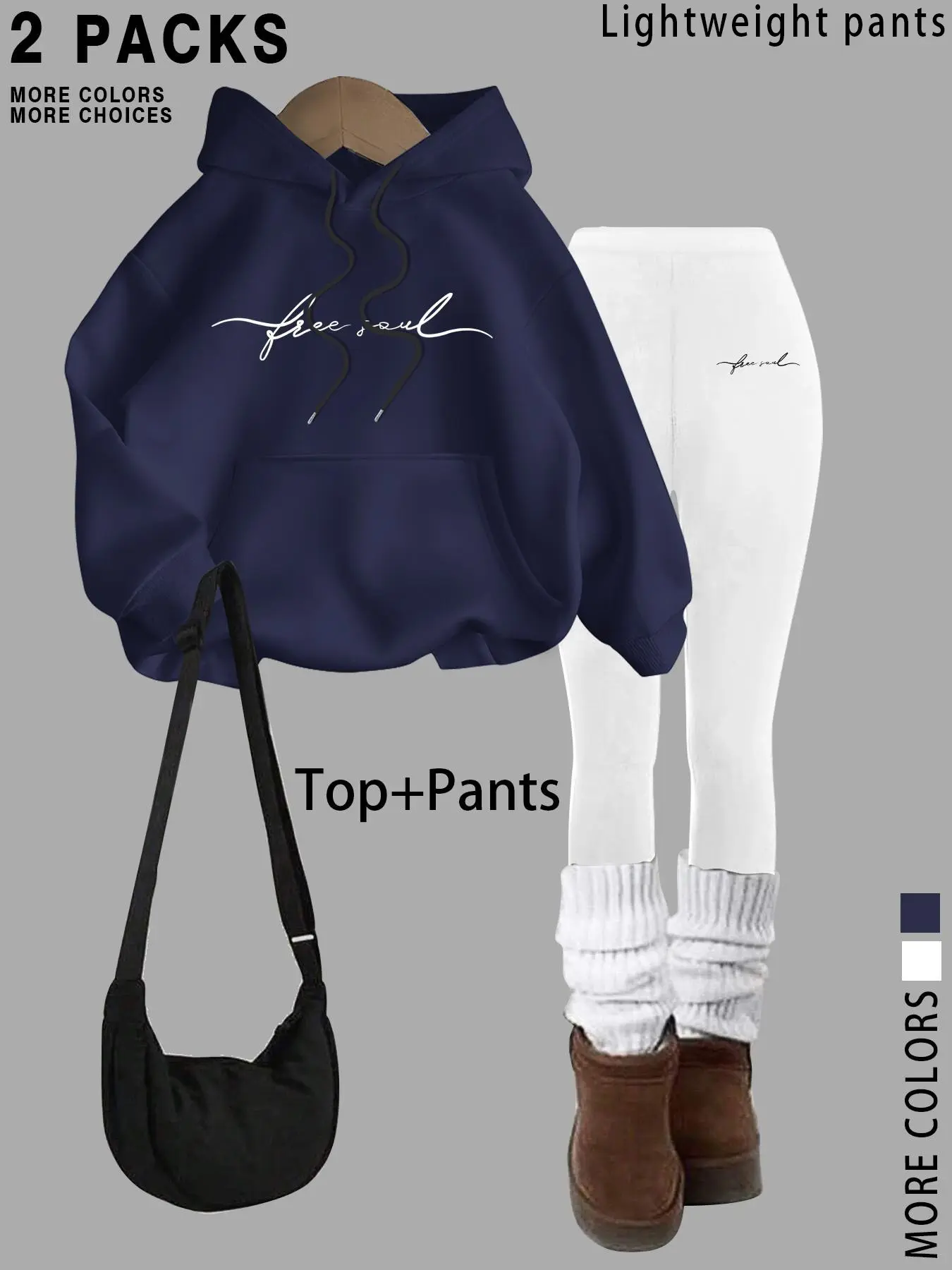 Women 2 Pcs Loungewear Set, Free Soul Script Print Oversized Hoodie + High Waist Skinny Leggings, Lightweight Hooded Tracksuit, Minimal Cozy Aesthetic Outfit for Campus Yoga Daily Streetwear, 2026 Viral TikTok Trend Casual Athleisure Matching Two Piece