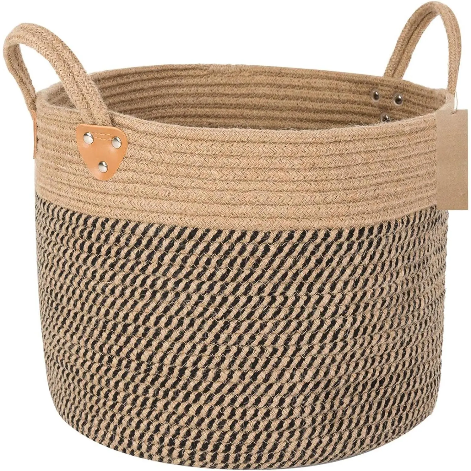 Wicker Storage Basket with Leather Handles, 14" x 12", Black | Decorative Woven Basket for Toys, Shoes, Blankets & Laundry Storage, Living Room & Bedroom Organizer, Indoor  Basket