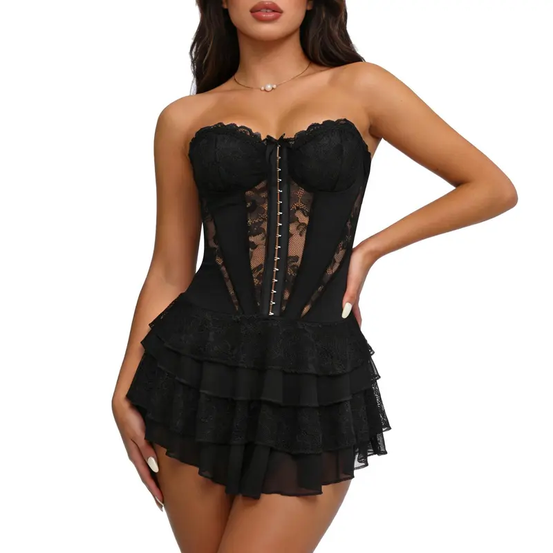 JASGOOD Lace Corset Dress for Women Strapless Tube Top Going Out Mini Dress with Built in Shorts for Night Out Club Party