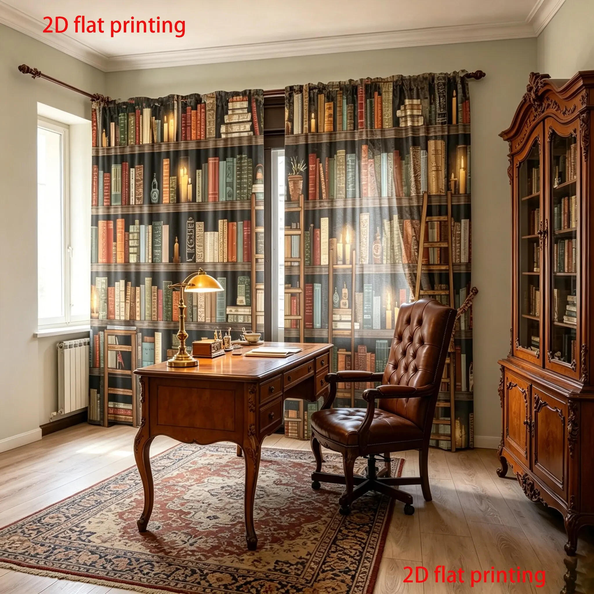 2 Piece Set Bookshelf Digital Print Curtains, Half Light Blocking Polyester, Office Study Library Cafe Home Decor, Rod Pocket Design