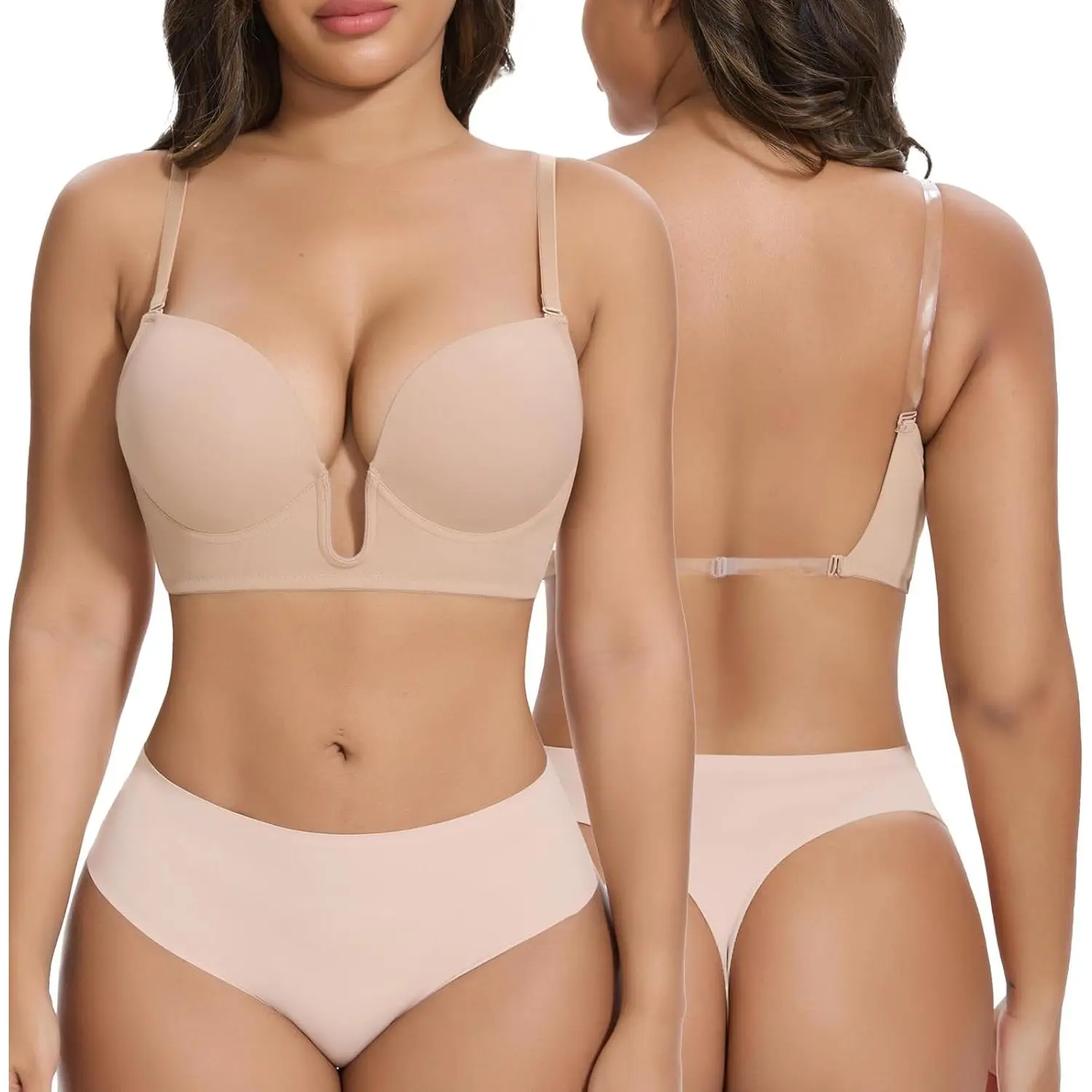 Low Cut Bras for Women Deep Plunge Cleavage Backless Bra Underwire Convertible Push up Halter Bra with Clear Straps