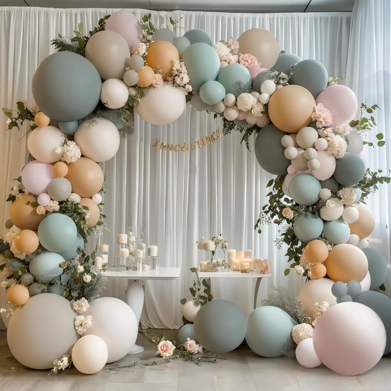 Dusty Green & White Double-Stuffed Latex Balloons Arch Kit - Multi-Size, Stretch Resistant, with Pastel Dark/Light Green, Nude, Beige, Brown Balloons for Woodland, Wedding Decor