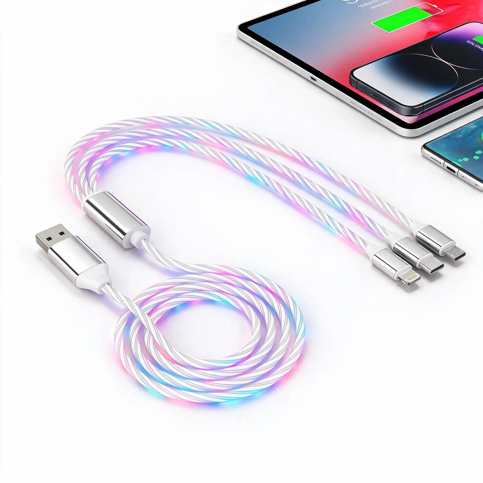 Flowing LED Glow Braided 3-in-1 Charger Cable, Multi-Plug Fast Charging Data Cord for Smartphones, Car Owners White