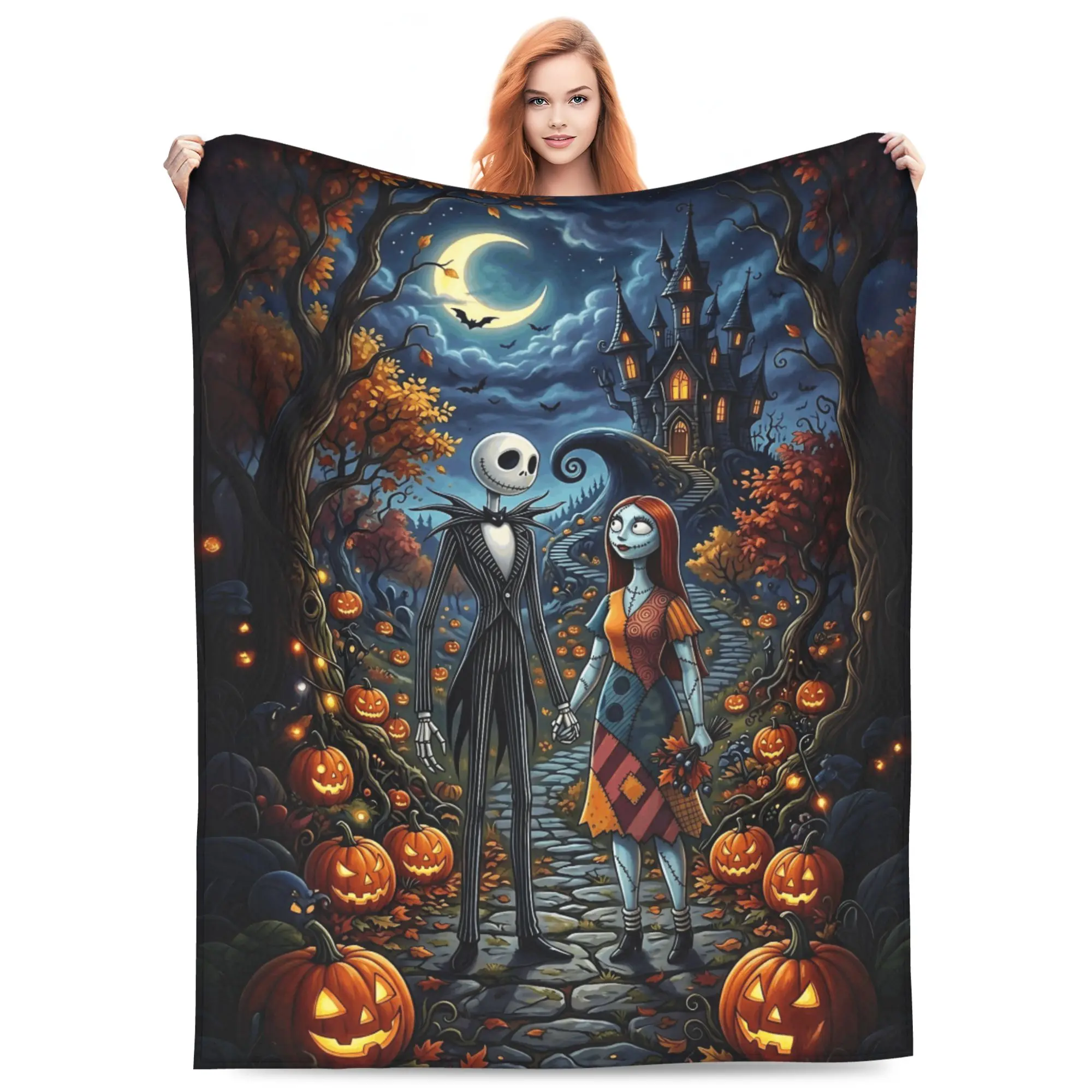 DISNEY CLASSIC Jack & Sally Moonlit Castle Flannel Blanket. Jack Skellington and Sally, gothic mansion, pumpkins, bats and crescent moon. Soft cozy throw, great gift for Nightmare Before Christmas & Halloween fans.