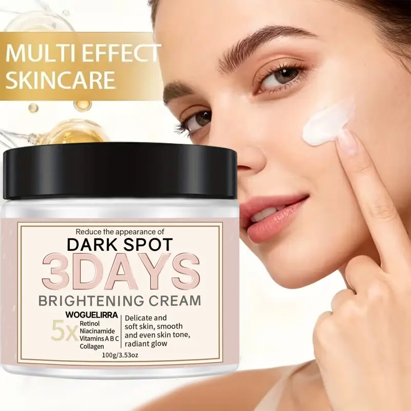 Dark Spot Brightening Cream with vitamins A, B, C and collagen. This multi-effect cream nourishes skin, improves uneven tone, and leaves it soft and luminous. Gentle formula suitable for daily use on face, hands and body. Brightening Daily Moisturizer
