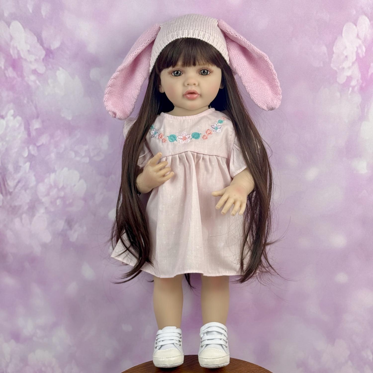 TopLink 55 CM Full Vinyl Body Reborn Baby Doll Toy For Girl Black Long Hair Princess Toddler Babies Doll Lifelike Birthday Gift Play House Bath Toy