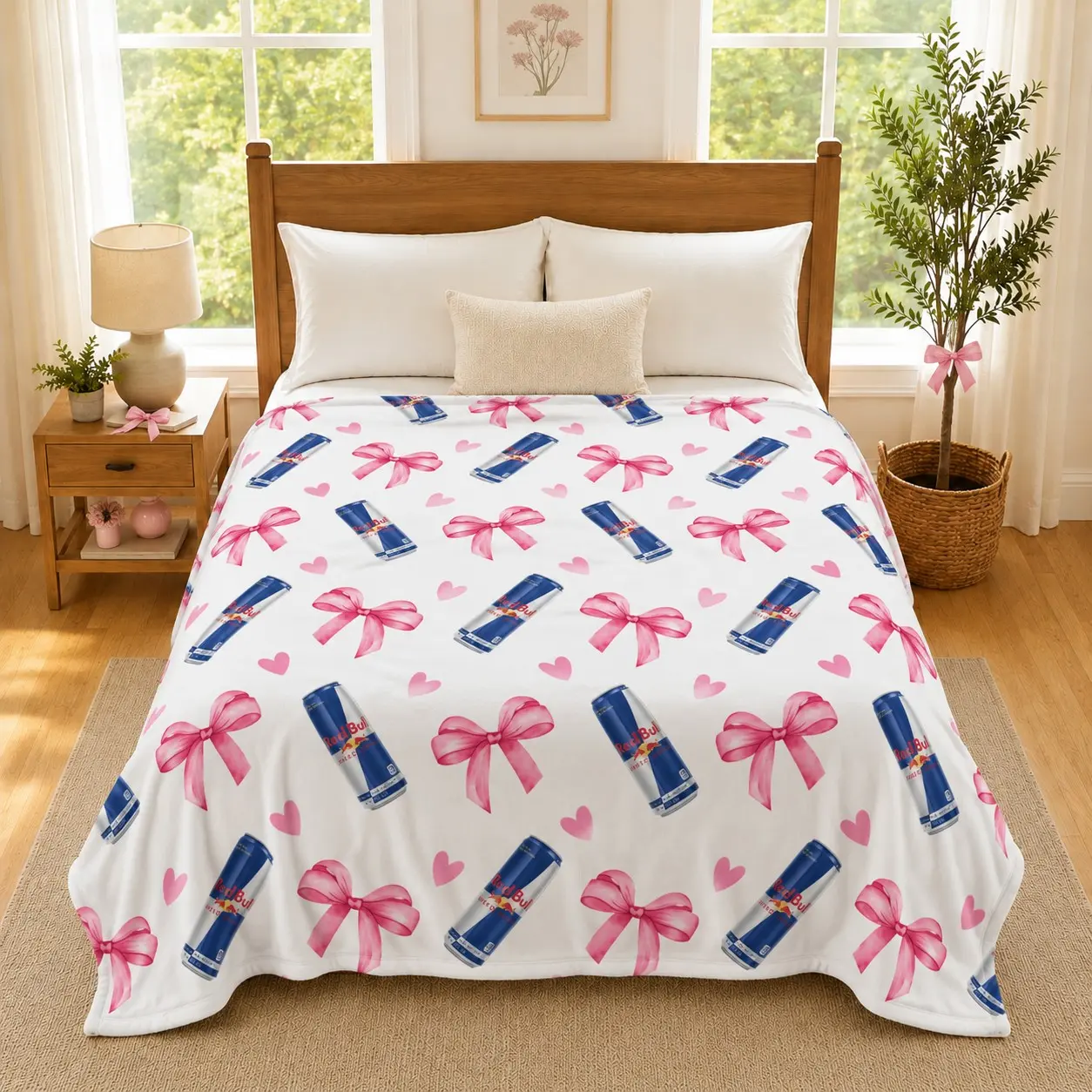 Cute Coquette Red Bull Can Pink Bow & Heart All Over Print Throw Blanket, Soft White Flannel Cover, Girly Aesthetic Dorm Home Decor, Machine Washable, Trendy Coquette Style Gift