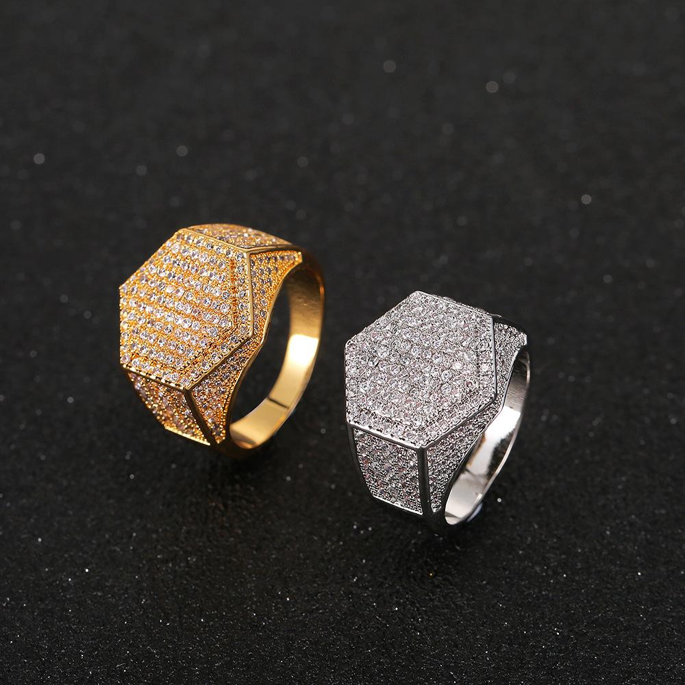 Luxury Iced Out Signet Ring for Men, Sparkly Silver and Golden Geometric Band Ring, Bold Hip Hop Statement Jewelry, Expensive Look Gift Piece