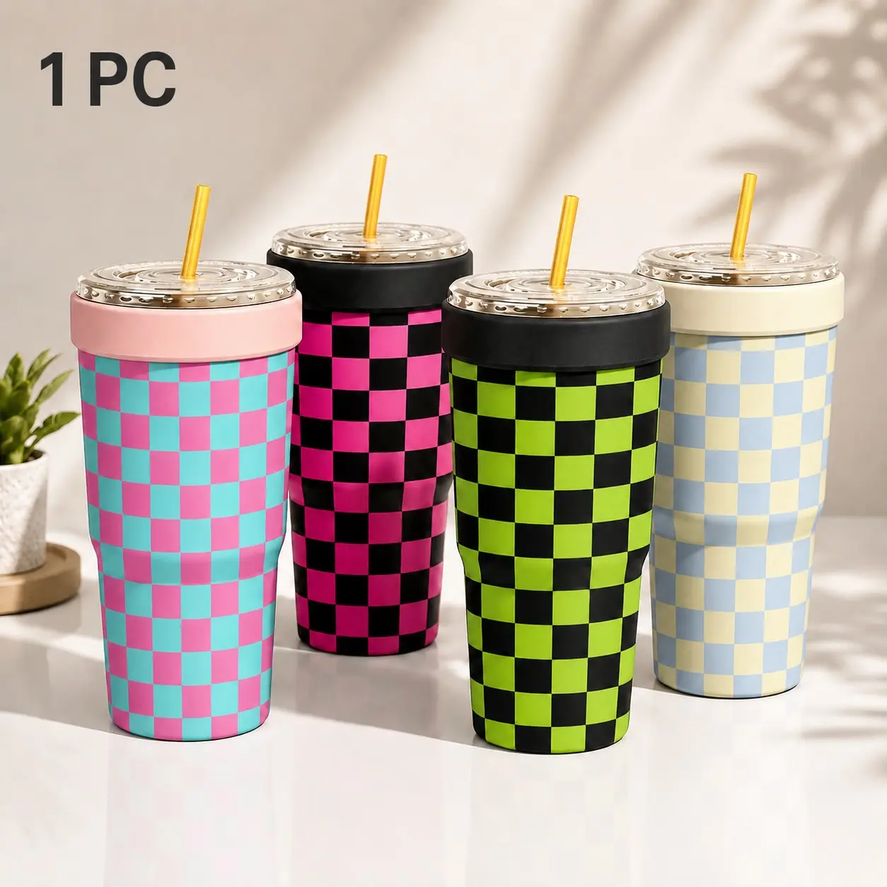 1 PC Colorful Checkerboard Print 2-in-1 Insulated Can Cooler, Includes Tumbler Lid, Converts to Travel Tumbler, Double Wall Vacuum Stainless Steel, Fits Most 16-24oz To-Go Coffee & Bubble Tea Cups, Perfect for Halloween, Christmas & Daily Use