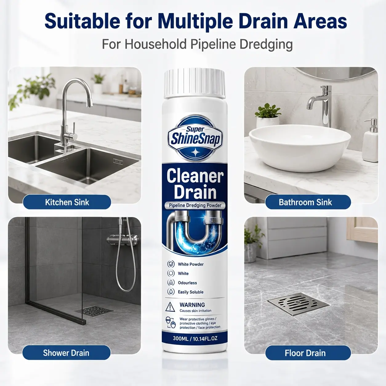 Super ShineSnap Fast-Acting Drain Cleaner Powder Suitable for Kitchen Sink, Bathroom Drain Unblocker, Odorless Formula, Instant Unclogger for Shower, Floor Drain Care, Easy-Soluble Powder for Household Plumbing Maintenance