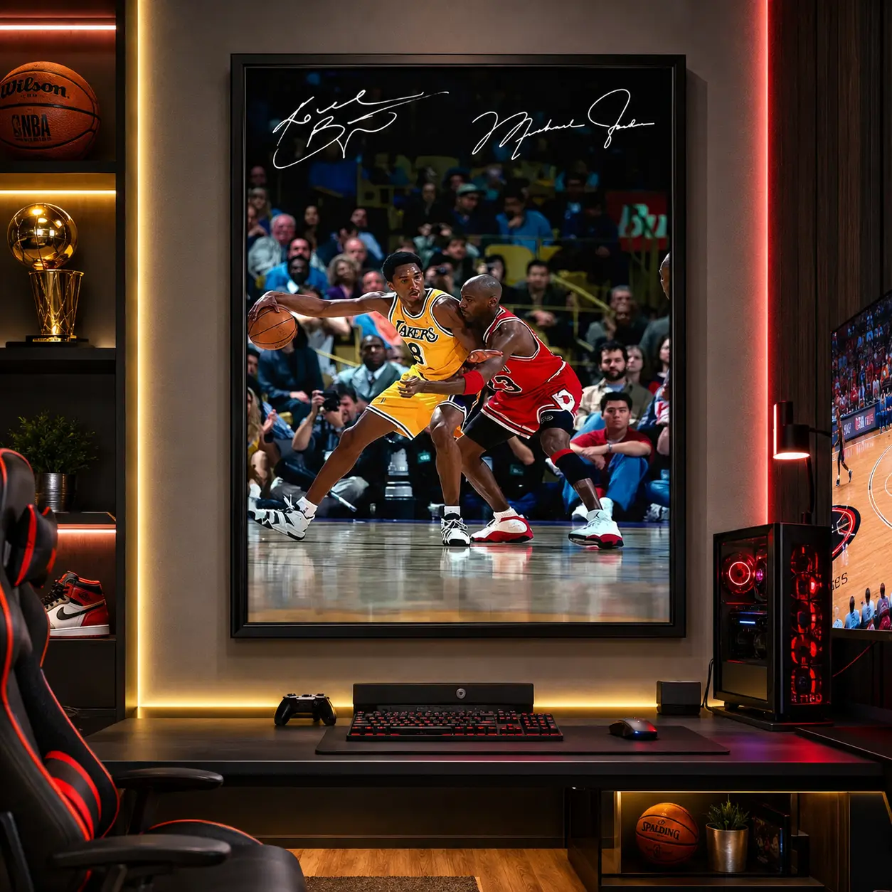 Michael Jordan Guarding Kobe Bryant Poster, Canvas Wall Art, Framed Canvas, Basketball Wall Decor, Sports Room Decor, Man Cave Decor, Wall Decor for Men, Bedroom Decor, Office Decor, Sports Fan Gift, Posters Room Decor, High-Res Artwork, Home Decor
