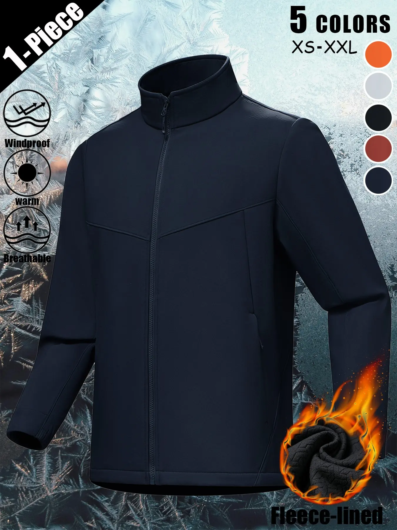 Unisex Fleece-Lined Softshell Jacket – Windproof Waterproof Breathable Warm Full-Zip Stand Collar Coat with Multi Zip Pockets, Lightweight for Hiking Fishing Cycling Commuting & Casual Travel, Windproof Waterproof Outerwear